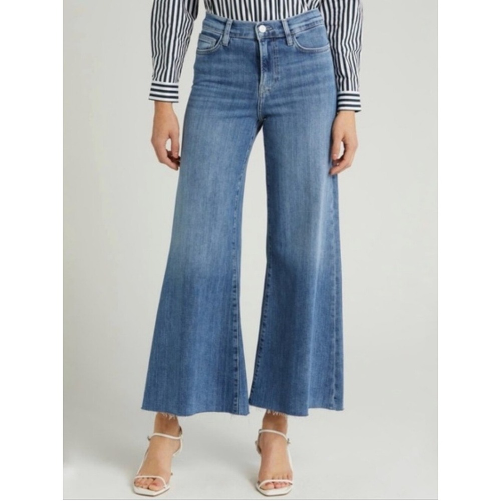 FRAME Le Palazzo Crop Jeans Women 25 Blue High Rise Wide Leg Raw Hem
